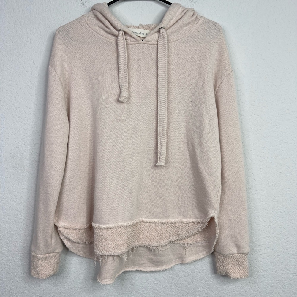 Ocean Drive Sweatshirt Womens S Beige Hooded Terry Cloth Pullover Relaxed Boho‎